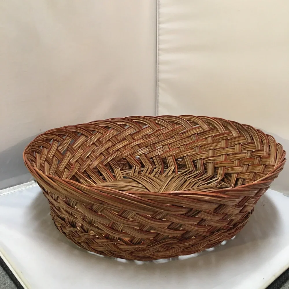 Woven Wicker Basket Home Decor 14 in Brown Round Multi-Tonal Weave Cottagecore